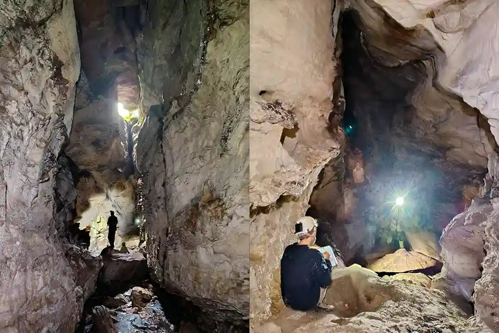 Montagem com duas fotos lado a lado que mostram o interior da nova caverna encontrada na Serra do Botafogo