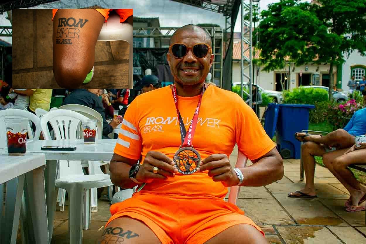 O ciclista Carlos Augusto marcou na pele sua paixão pelo Iron Biker Brasil, com uma tatuagem na coxa com a logo do evento