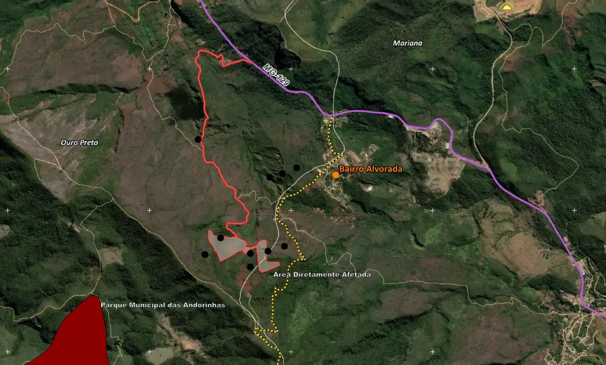 Os pontos pretos na imagem são as localizações dos sítios arqueológicos, pelo menos sete deles estão perigosamente próximos da ADA