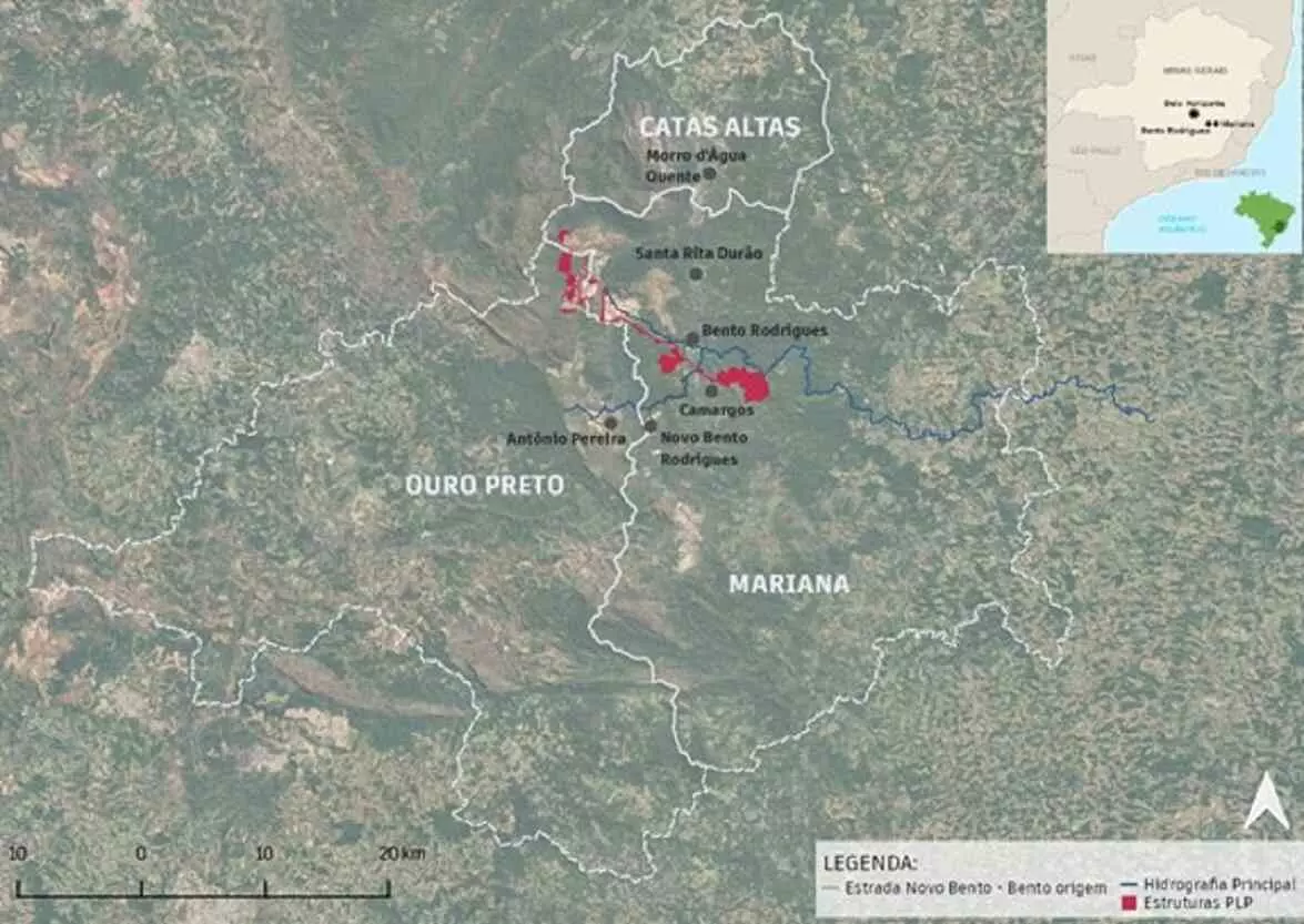 Localização das estruturas do Projeto Longo Prazo (PLP) entre os municípios de Mariana, Ouro Preto e Catas Altas, Minas Gerais