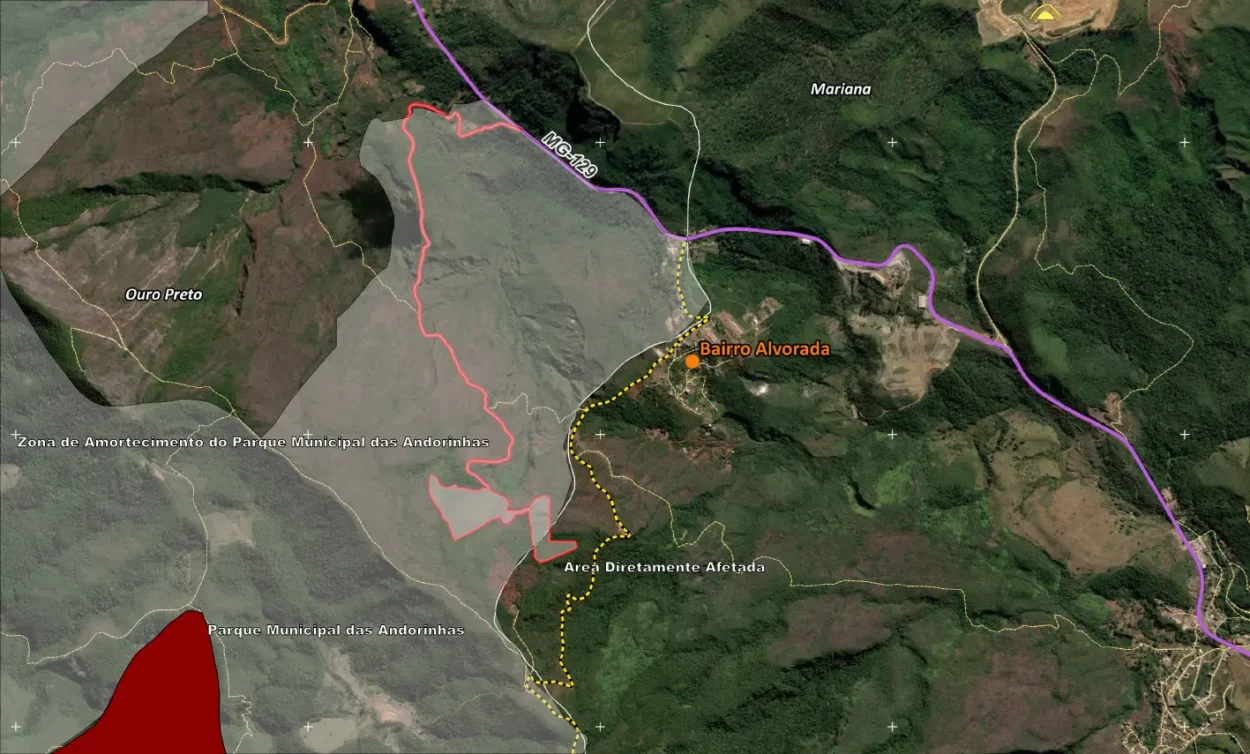 A projeção acima demonstra a Zona de Amortecimento do Parque Natural Municipal das Andorinhas sobre boa parte da ADA do bairro Alvorada